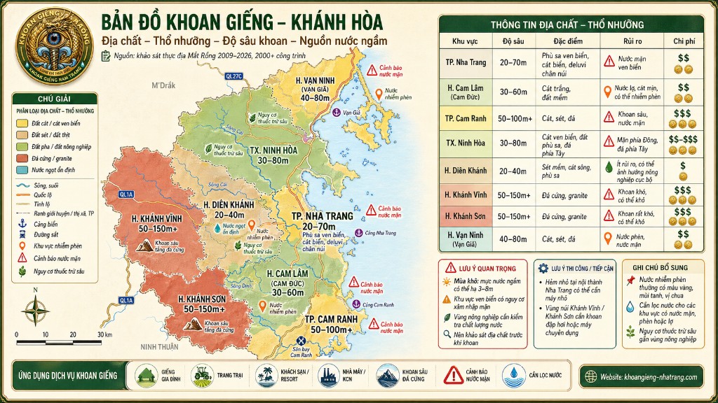 Bản đồ khoan giếng Khánh Hòa — bản đồ màu theo địa chất, bảng độ sâu và rủi ro theo huyện (Nha Trang, Cam Ranh, Diên Khánh, Ninh Hòa, Vạn Ninh, Cam Lâm, Khánh Vĩnh, Khánh Sơn), ghi chú thi công và lưu ý nước mặn, phèn