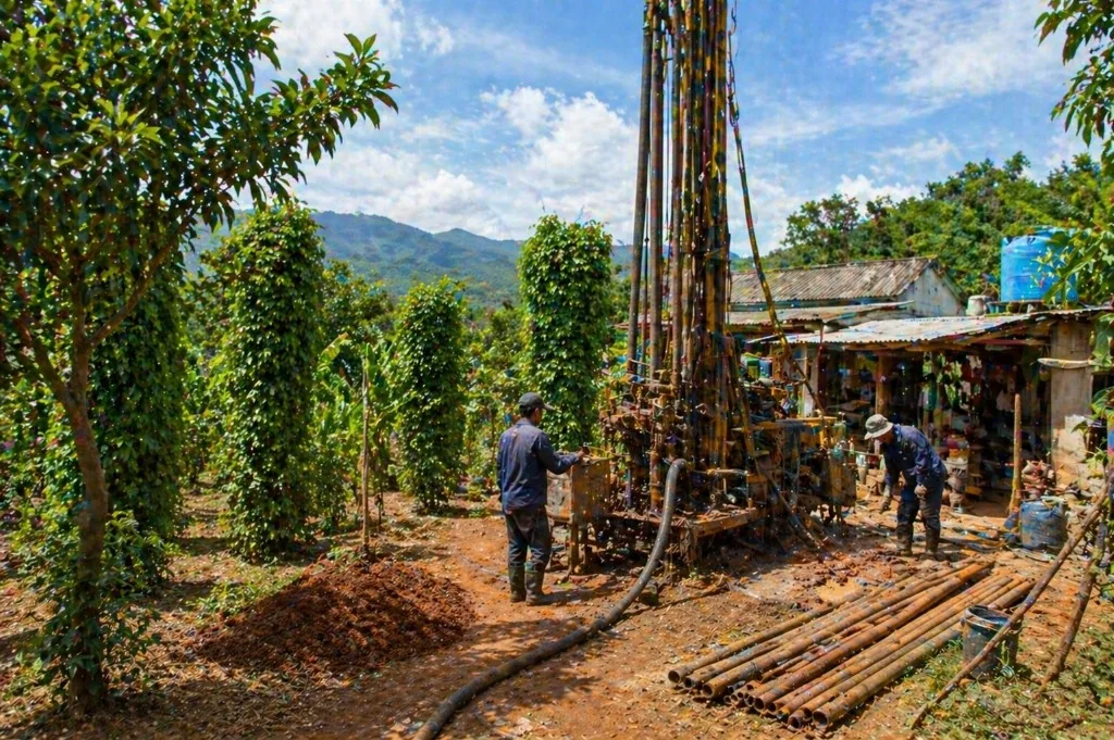 Hai công nhân vận hành giàn khoan giếng giữa vườn cây leo cột, đồi xanh phía xa