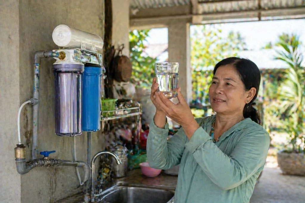 Người cầm ly nước trong kiểm tra, cạnh hệ lọc nước gắn tường và vòi inox ngoài trời