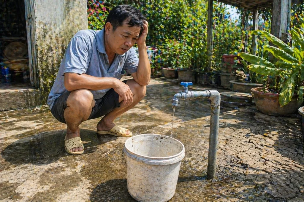 Người ngồi xổm lo lắng bên vòi nước ngoài trời chỉ chảy từng giọt vào xô nhựa