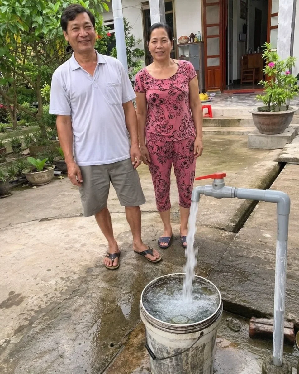 Khách hàng gia đình bên vòi nước ngoài trời sau khi hoàn thiện giếng khoan tại Ninh Hòa, Khánh Hòa.