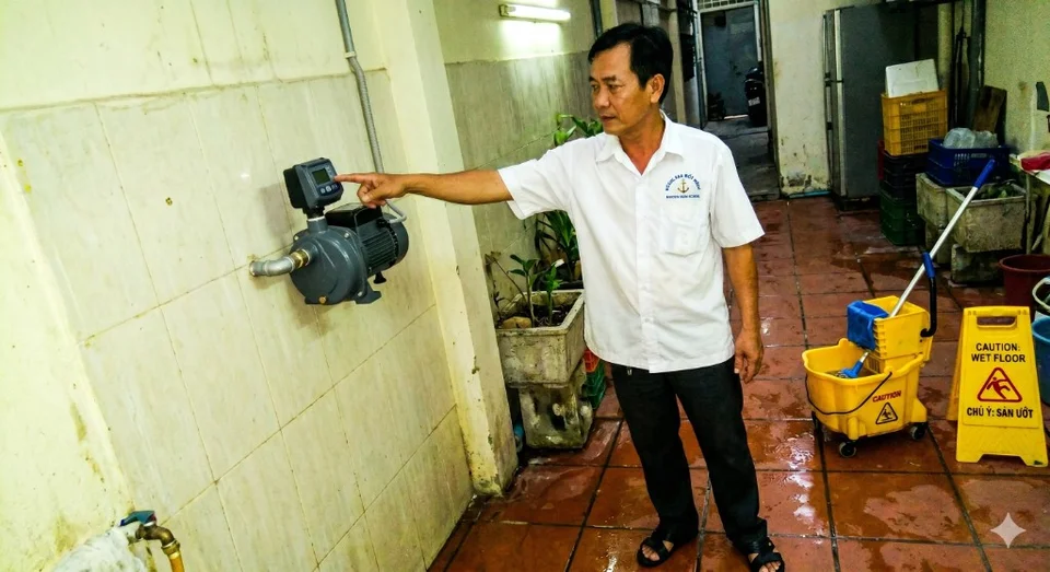Khách hàng bên máy bơm nước treo tường sau khi lắp đặt tại Nha Trang, Khánh Hòa.
